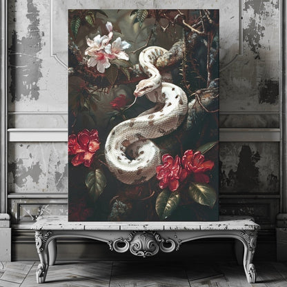 White Serpent Dark Canvas Print - Gothic Serpent Floral, Exotic Wildlife Botanical Art - Everything Pixel