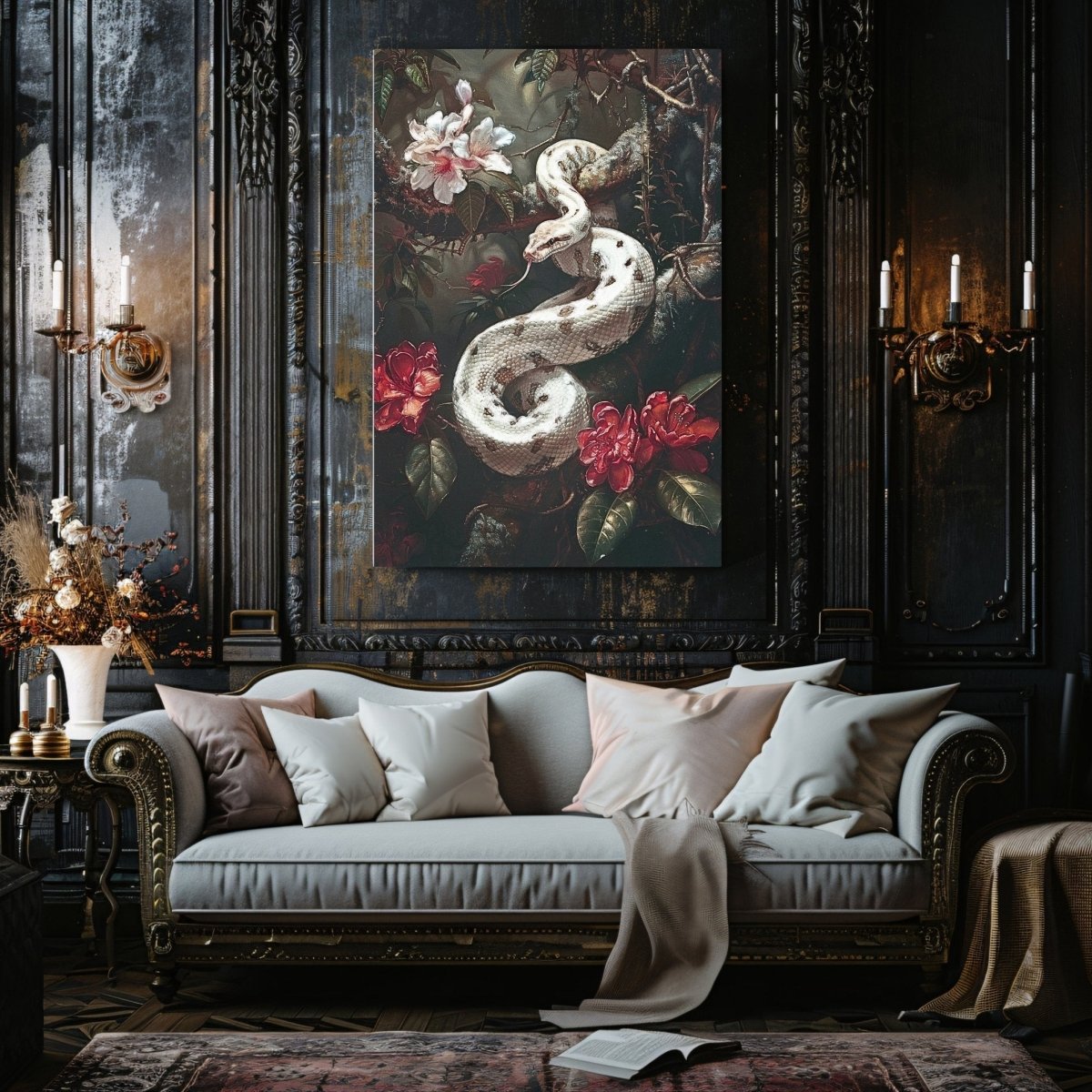 White Serpent Dark Canvas Print - Gothic Serpent Floral, Exotic Wildlife Botanical Art - Everything Pixel