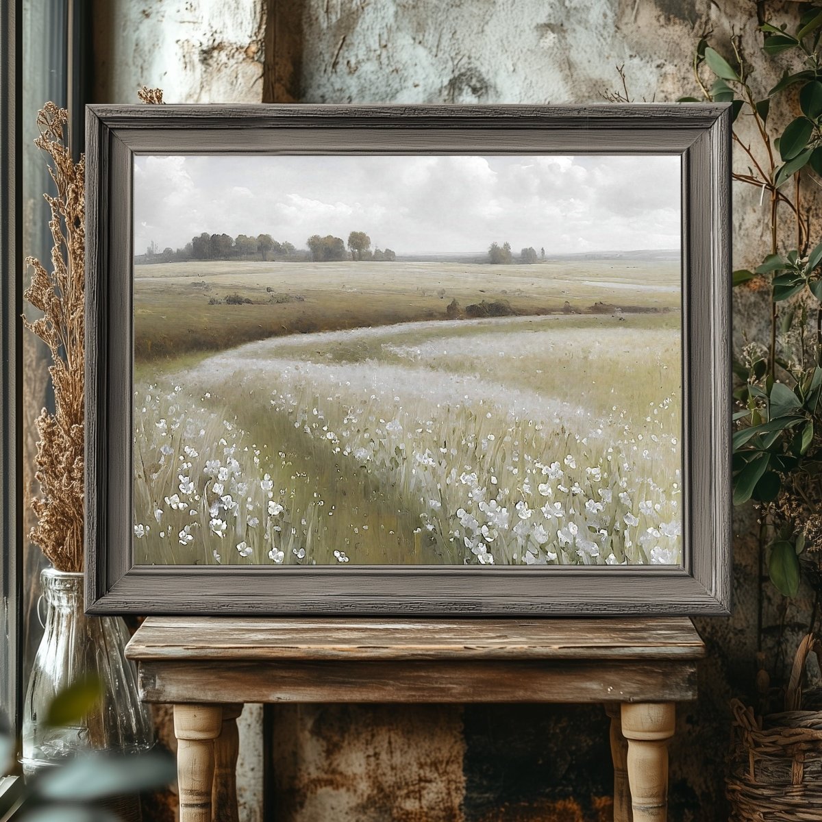 White wildflower meadow painting Paper Poster Prints vintage oil painting spring meadow farmhouse deocor spring landscape landscape art - Everything Pixel