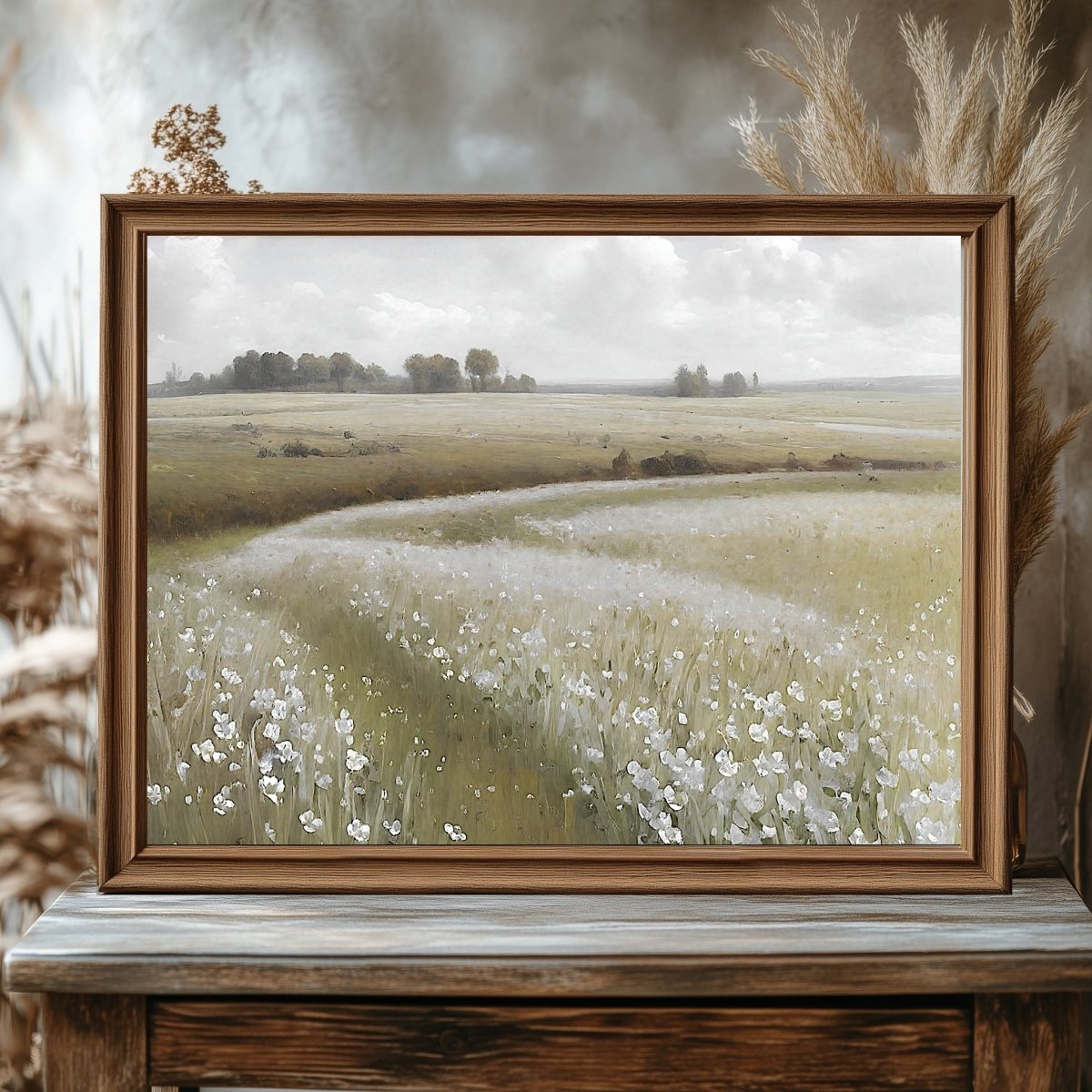 White wildflower meadow painting Paper Poster Prints vintage oil painting spring meadow farmhouse deocor spring landscape landscape art - Everything Pixel