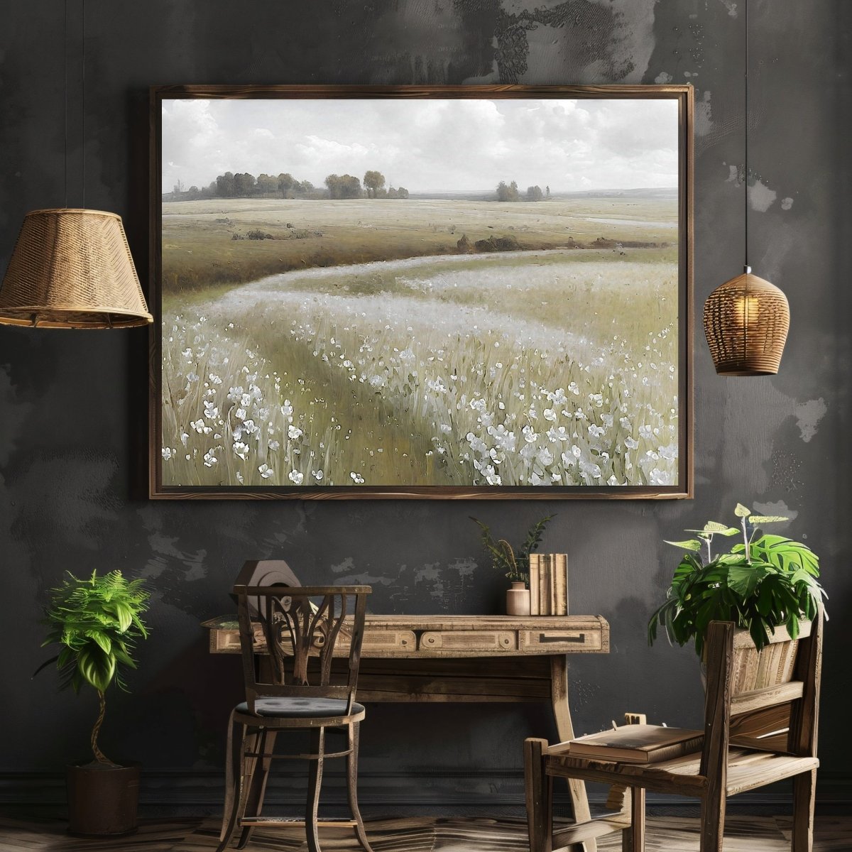 White wildflower meadow painting Paper Poster Prints vintage oil painting spring meadow farmhouse deocor spring landscape landscape art - Everything Pixel