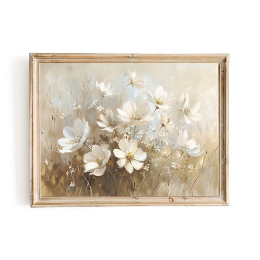 White Wildflowers in Muted Earth Tones - Vintage Wall Art Print - Everything Pixel