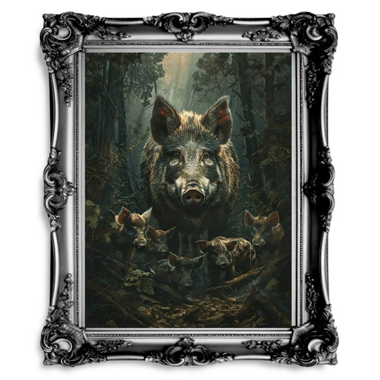 Wild Boar with Piglets in Lush Green Woodland - Gothic Vintage Wall Art Print - Everything Pixel