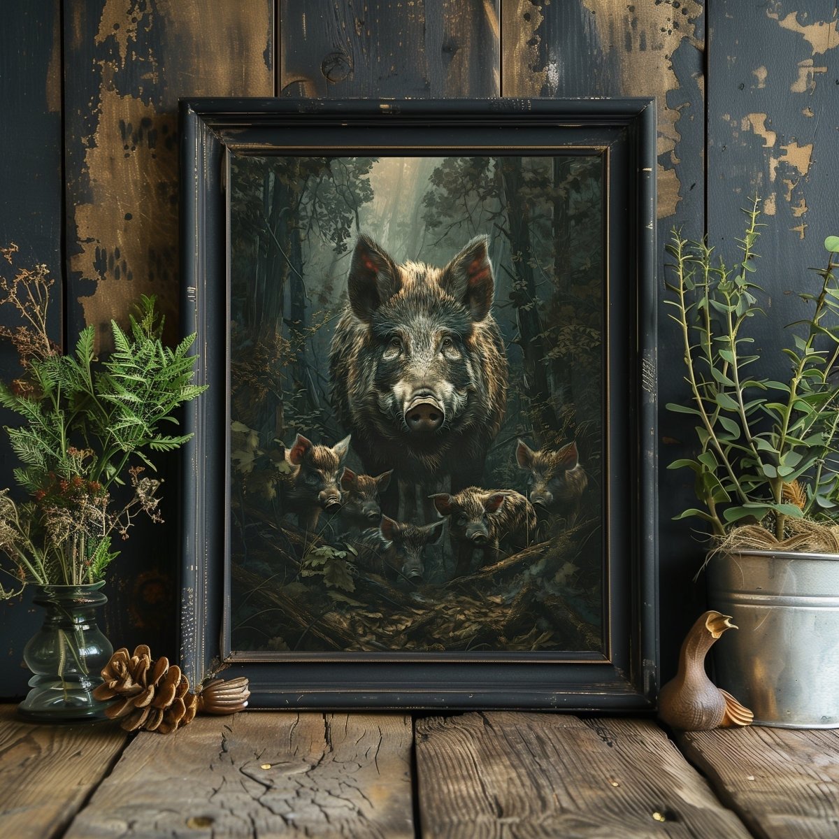 Wild Boar with Piglets in Lush Green Woodland - Gothic Vintage Wall Art Print - Everything Pixel