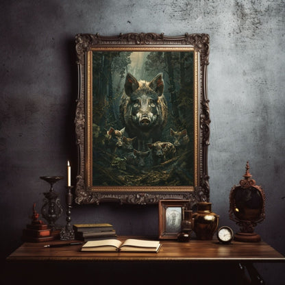 Wild Boar with Piglets in Lush Green Woodland - Gothic Vintage Wall Art Print - Everything Pixel