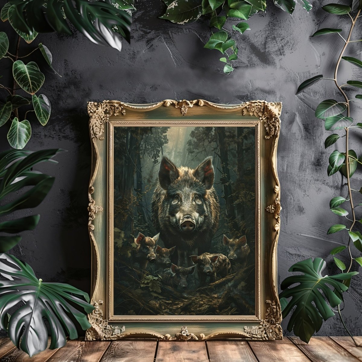 Wild Boar with Piglets in Lush Green Woodland - Gothic Vintage Wall Art Print - Everything Pixel