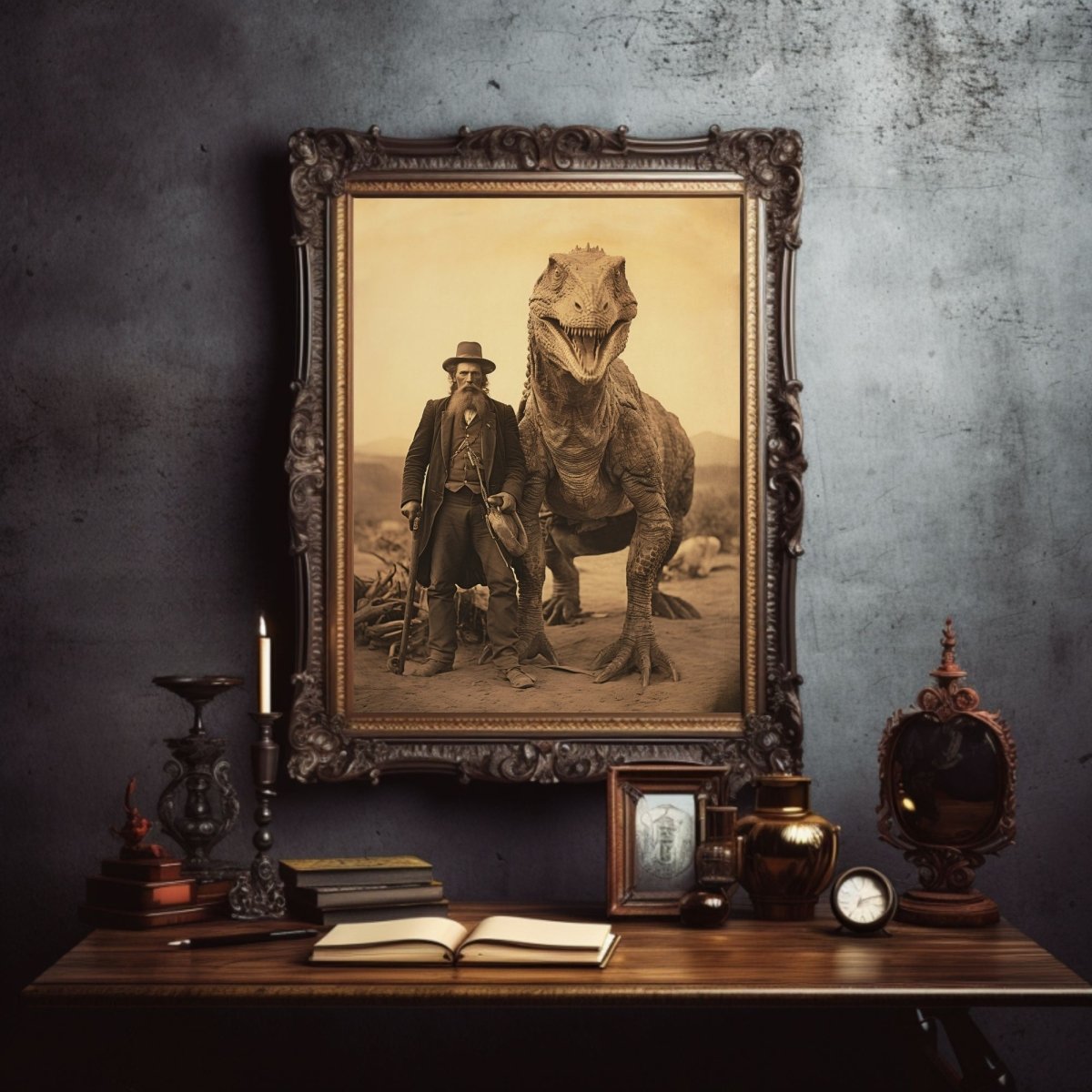 Wild West Dinosaur Wall Art Vintage Photography Witchy Decor Gothic Jurassic Poster Dark Cottagecore Dark Academia Home Print Paper Poster Print - Everything Pixel