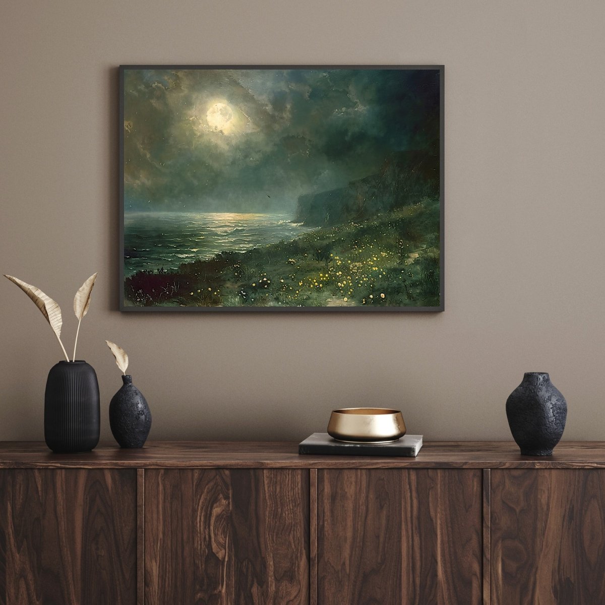 Wildflower Meadow Coast at Full Moon Night with Rough Sea and Dark Clouds - Dark, Gothic Wall Art Print - Everything Pixel