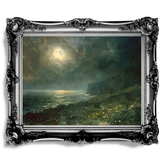 Wildflower Meadow Coast at Full Moon Night with Rough Sea and Dark Clouds - Dark, Gothic Wall Art Print - Everything Pixel