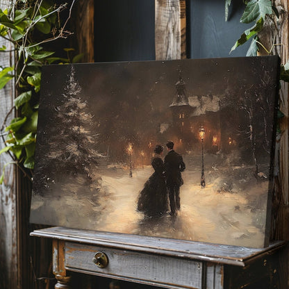 Winter Romance Canvas Print – Couple Walking Through Snow Toward a Grand House, Cozy Night Christmas Scene - Everything Pixel