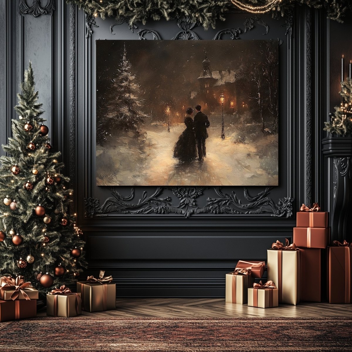 Winter Romance Canvas Print – Couple Walking Through Snow Toward a Grand House, Cozy Night Christmas Scene - Everything Pixel