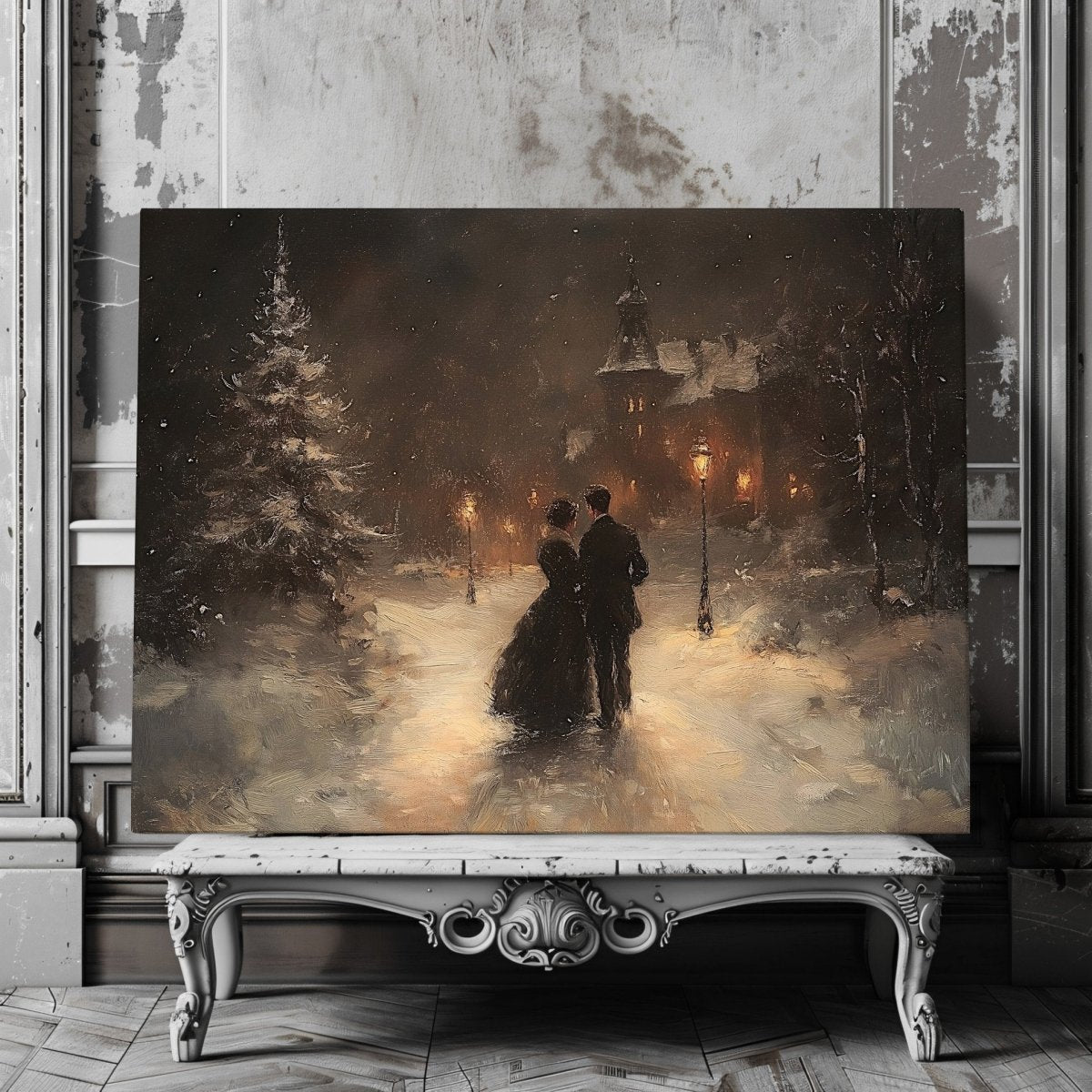 Winter Romance Canvas Print – Couple Walking Through Snow Toward a Grand House, Cozy Night Christmas Scene - Everything Pixel