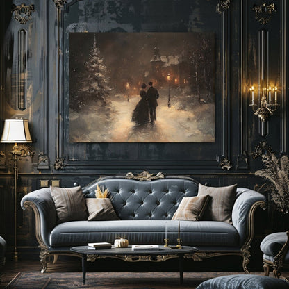 Winter Romance Canvas Print – Couple Walking Through Snow Toward a Grand House, Cozy Night Christmas Scene - Everything Pixel