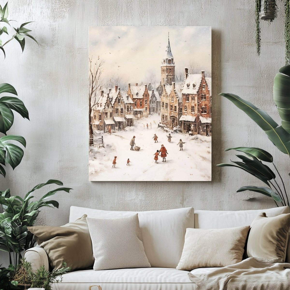 Winter Village Canvas Print - Farmhouse Christmas Decor, Snowy Village Scene, Cottagecore Holiday Art - Everything Pixel