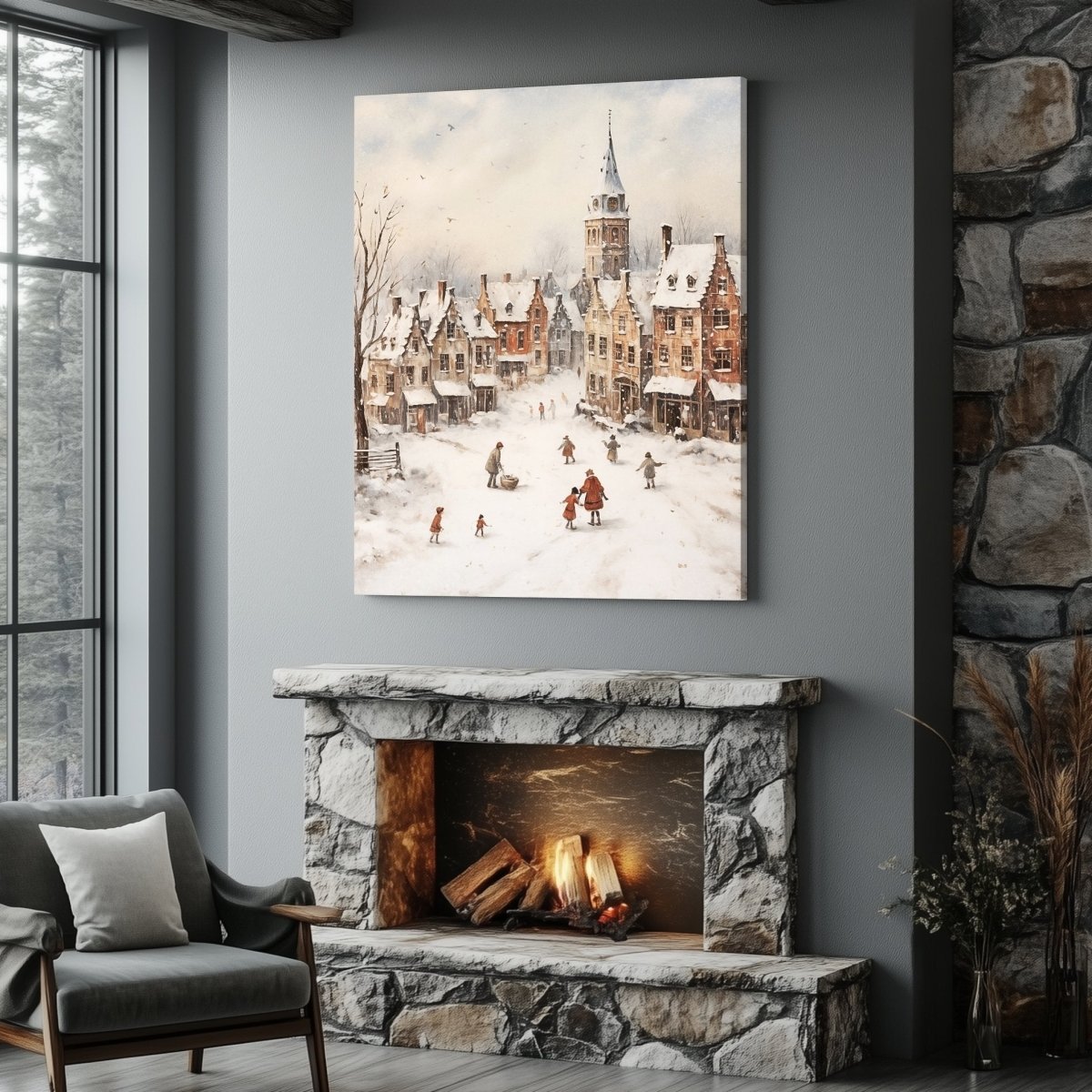 Winter Village Canvas Print - Farmhouse Christmas Decor, Snowy Village Scene, Cottagecore Holiday Art - Everything Pixel