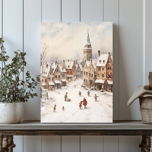 Winter Village Canvas Print - Farmhouse Christmas Decor, Snowy Village Scene, Cottagecore Holiday Art - Everything Pixel