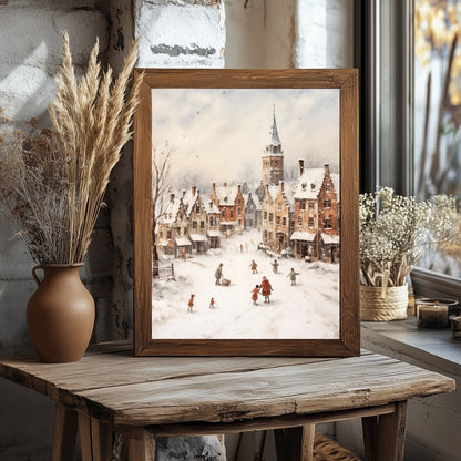 Winter Village Wall Art Vintage Winter Landscape Snowy Town Christmas Village Scene Classice Seasonal Print Antique Painting Paper Poster Print - Everything Pixel