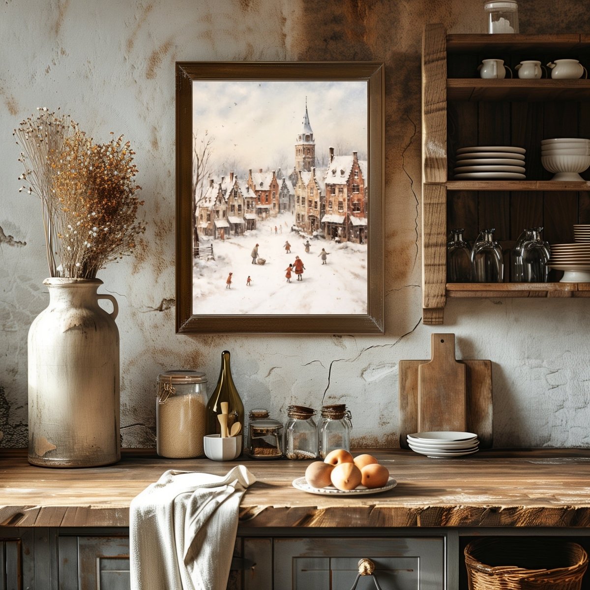 Winter Village Wall Art Vintage Winter Landscape Snowy Town Christmas Village Scene Classice Seasonal Print Antique Painting Paper Poster Print - Everything Pixel