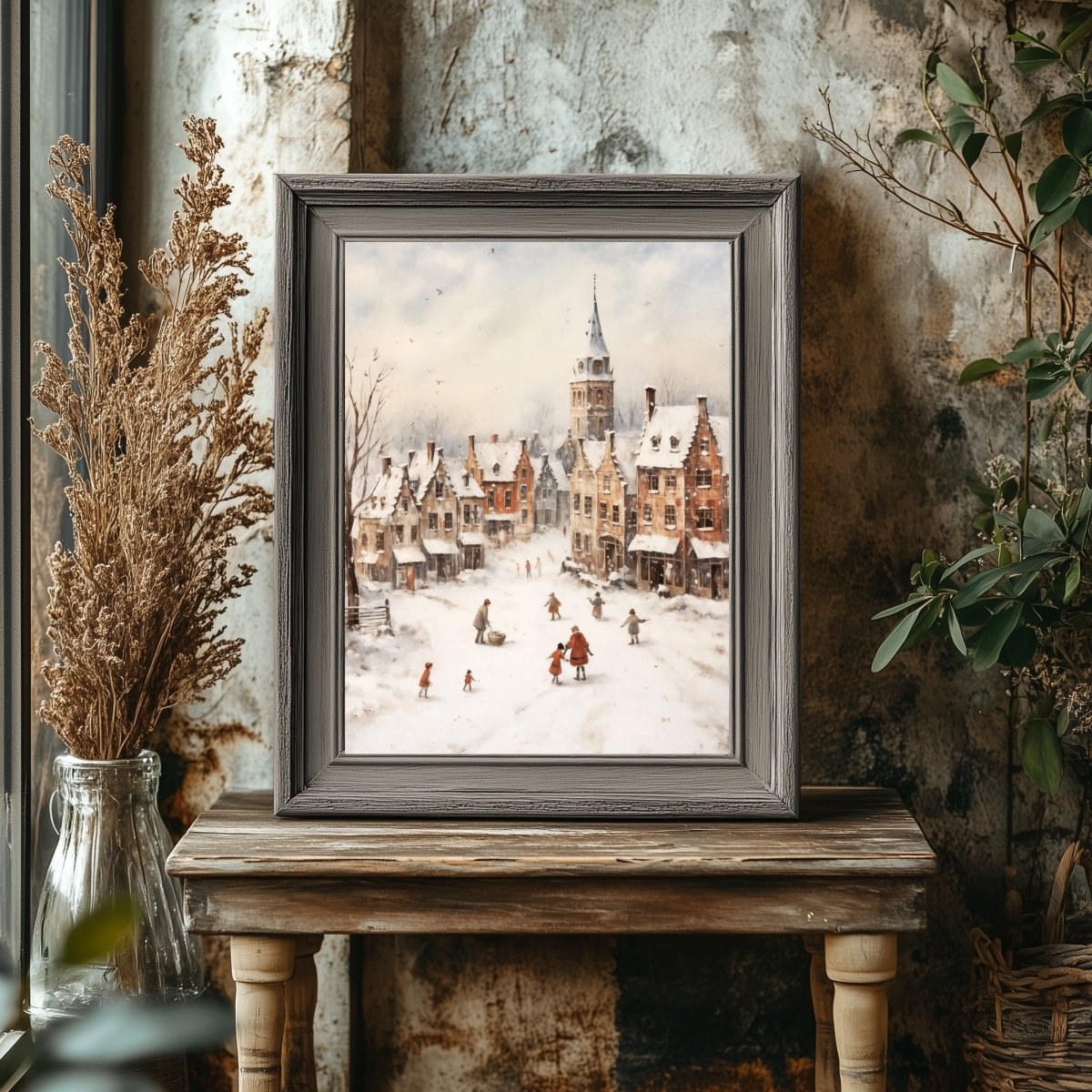 Winter Village Wall Art Vintage Winter Landscape Snowy Town Christmas Village Scene Classice Seasonal Print Antique Painting Paper Poster Print - Everything Pixel