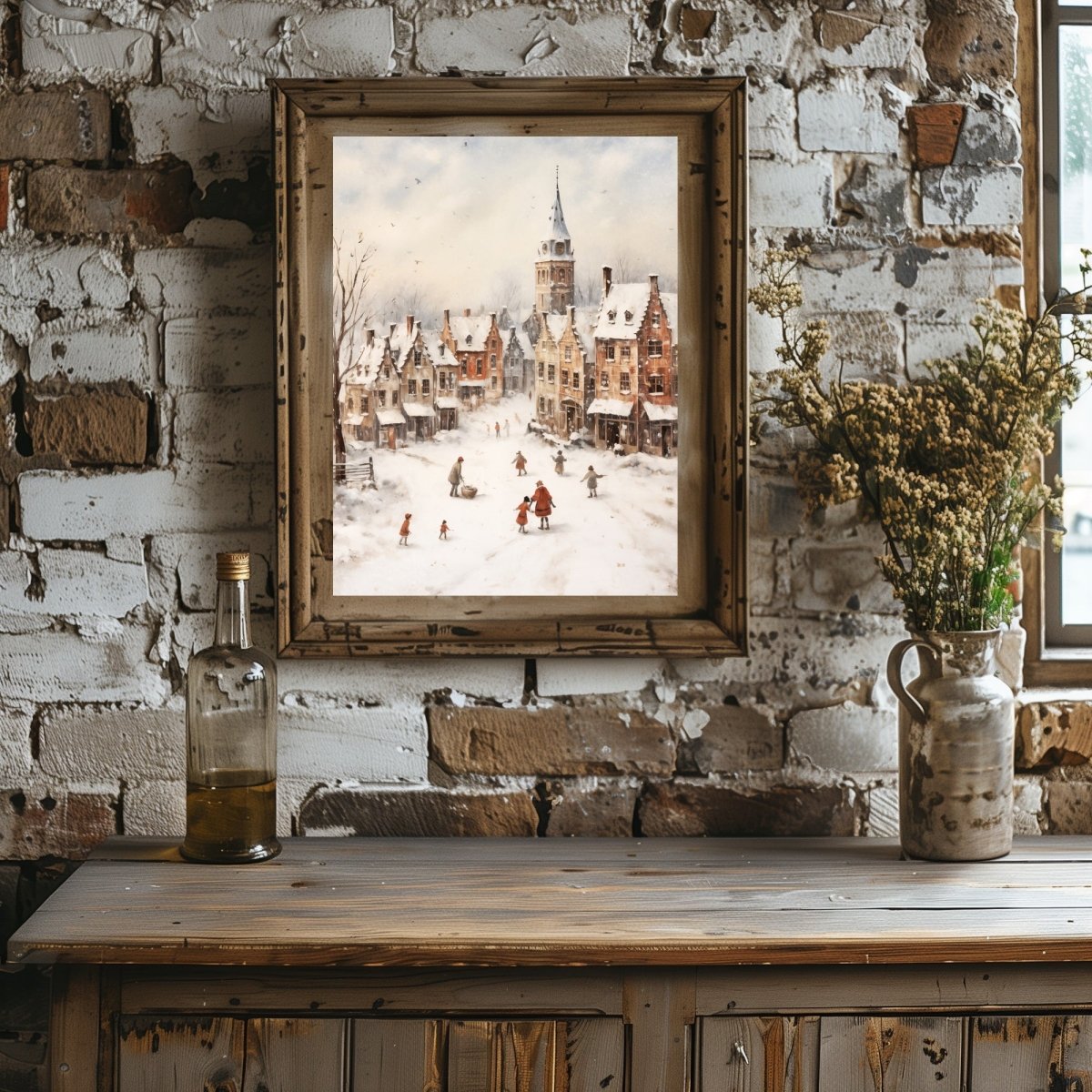 Winter Village Wall Art Vintage Winter Landscape Snowy Town Christmas Village Scene Classice Seasonal Print Antique Painting Paper Poster Print - Everything Pixel