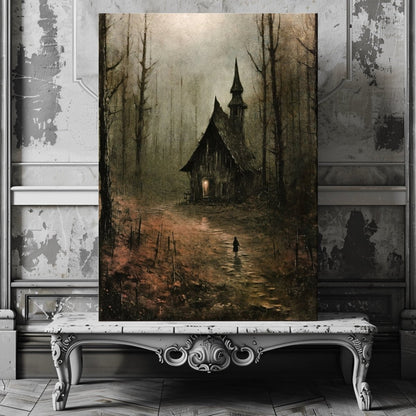 Witch Cottage in Spooky Fairytale Forest - Gothic Canvas Print, Dark Cottagecore Decor, Witchy Wall Art, Fantasy Canvas - Everything Pixel