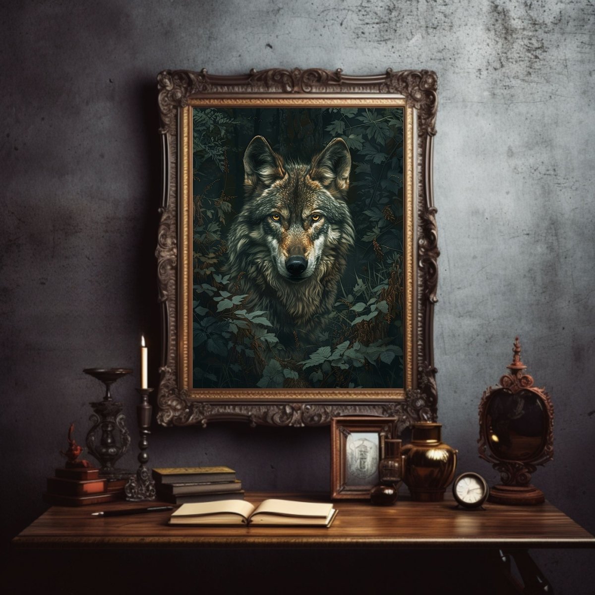 Wolf Portrait in Lush Green Woodland - Gothic Vintage Wall Art Print - Everything Pixel