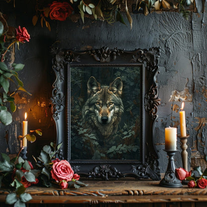 Wolf Portrait in Lush Green Woodland - Gothic Vintage Wall Art Print - Everything Pixel