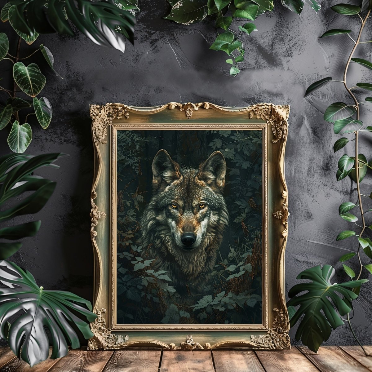 Wolf Portrait in Lush Green Woodland - Gothic Vintage Wall Art Print - Everything Pixel