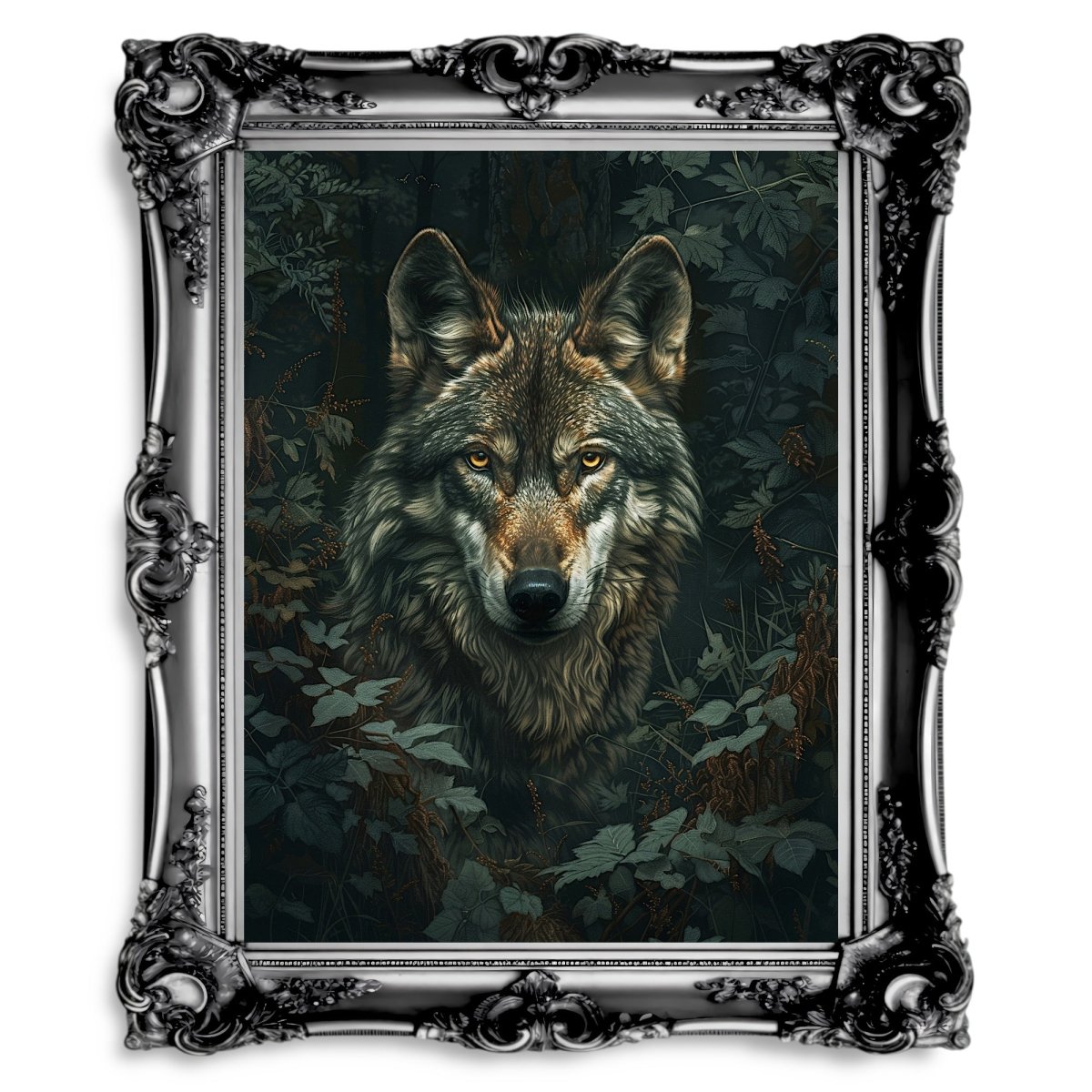 Wolf Portrait in Lush Green Woodland - Gothic Vintage Wall Art Print - Everything Pixel