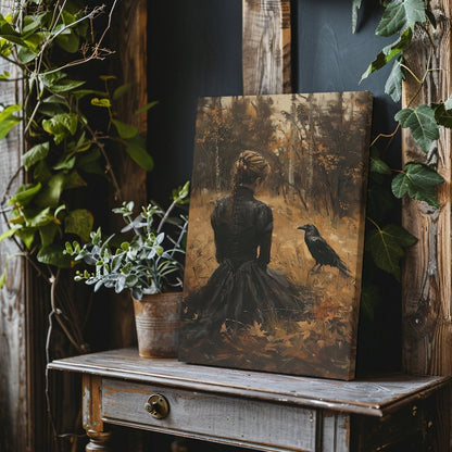 Woman and Raven Canvas Print – Mystical Gothic Art with Autumn Solitude - Everything Pixel