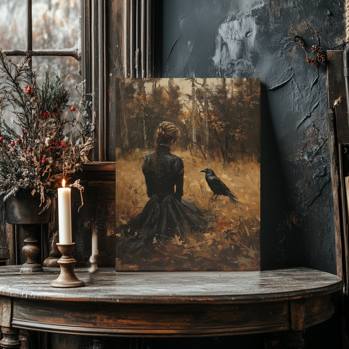 Woman and Raven Canvas Print – Mystical Gothic Art with Autumn Solitude - Everything Pixel