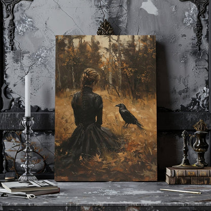 Woman and Raven Canvas Print – Mystical Gothic Art with Autumn Solitude - Everything Pixel