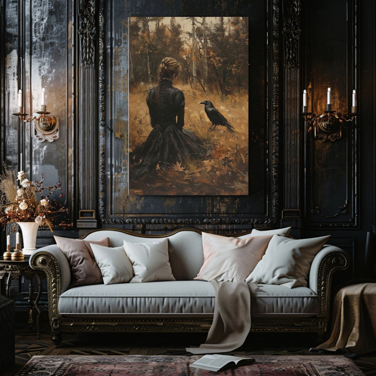 Woman and Raven Canvas Print – Mystical Gothic Art with Autumn Solitude - Everything Pixel