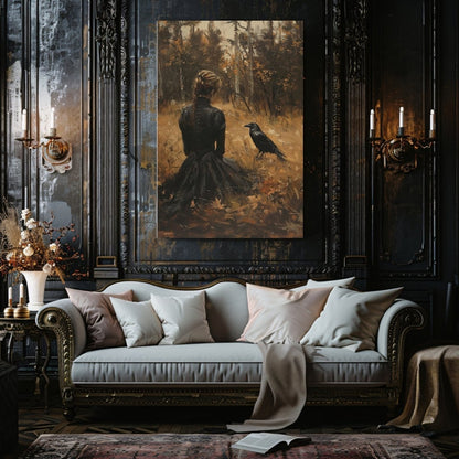 Woman and Raven Canvas Print – Mystical Gothic Art with Autumn Solitude - Everything Pixel