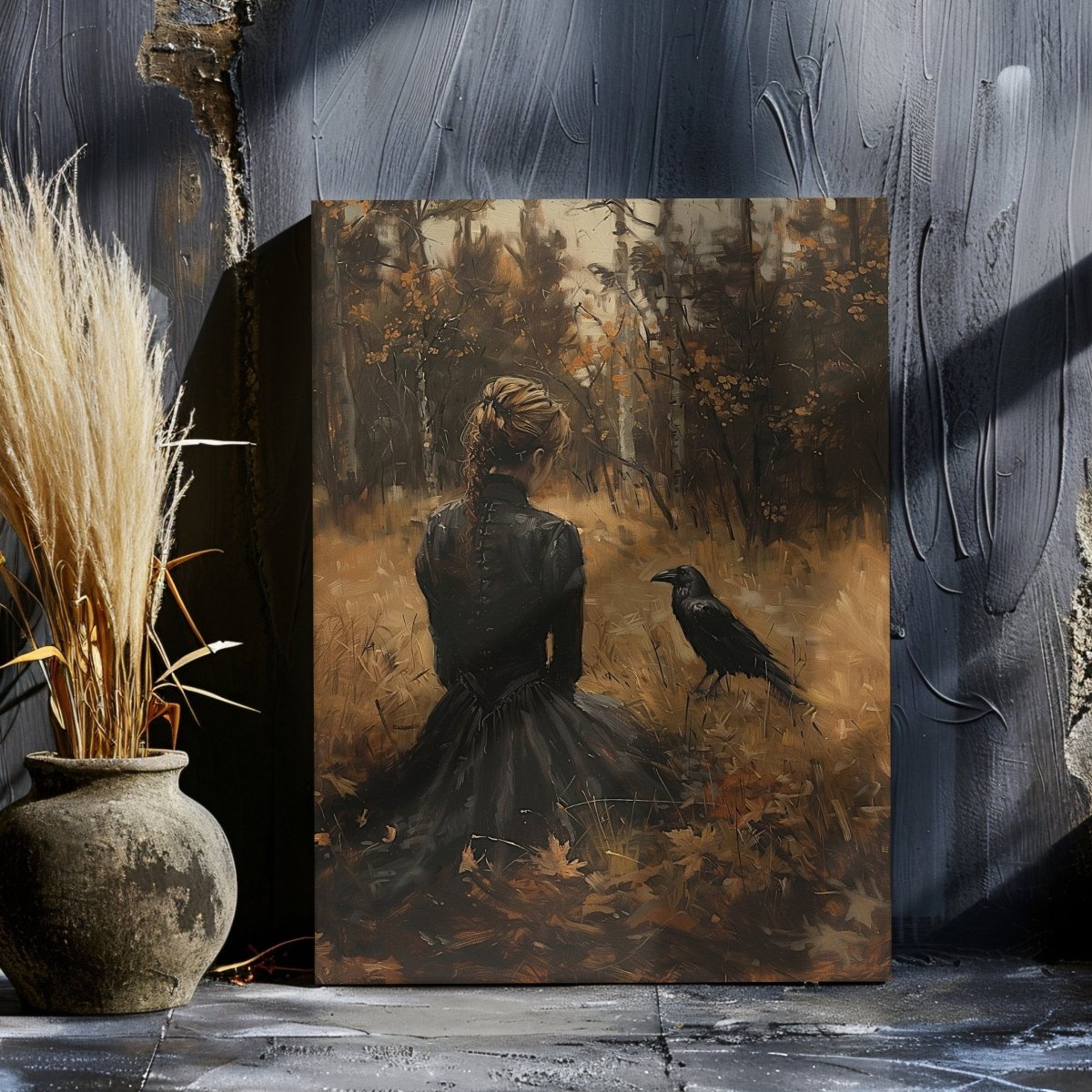 Woman and Raven Canvas Print – Mystical Gothic Art with Autumn Solitude - Everything Pixel