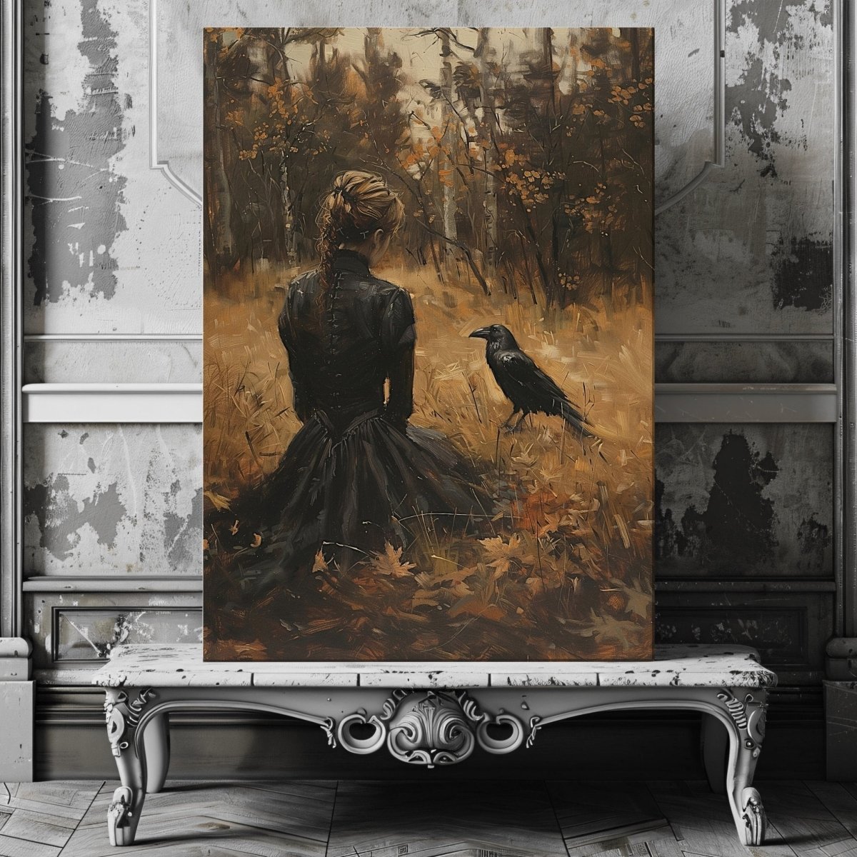 Woman and Raven Canvas Print – Mystical Gothic Art with Autumn Solitude - Everything Pixel