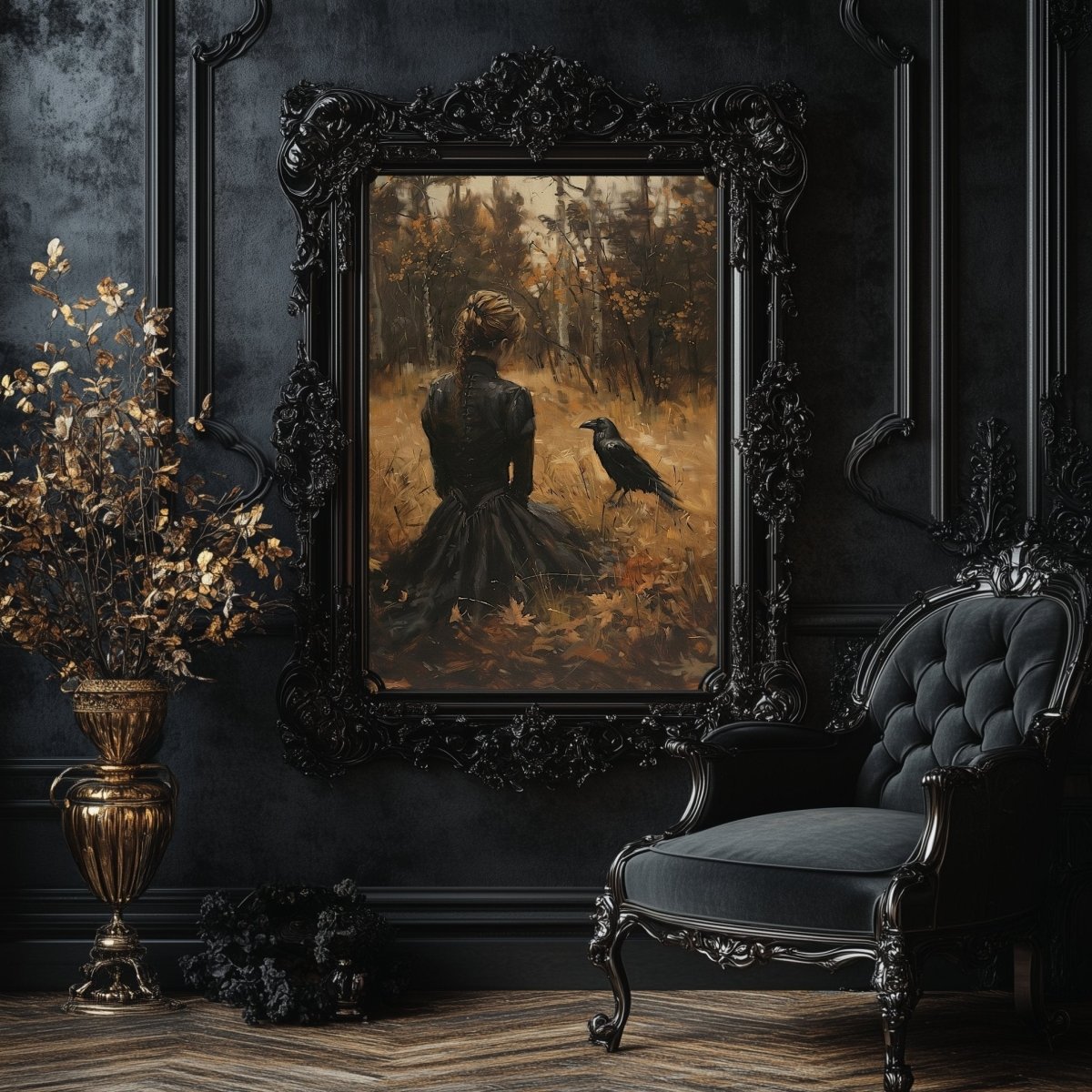 Woman and Raven Wall Art Print – Gothic Dark Academia in a Golden Autumn Field - Everything Pixel