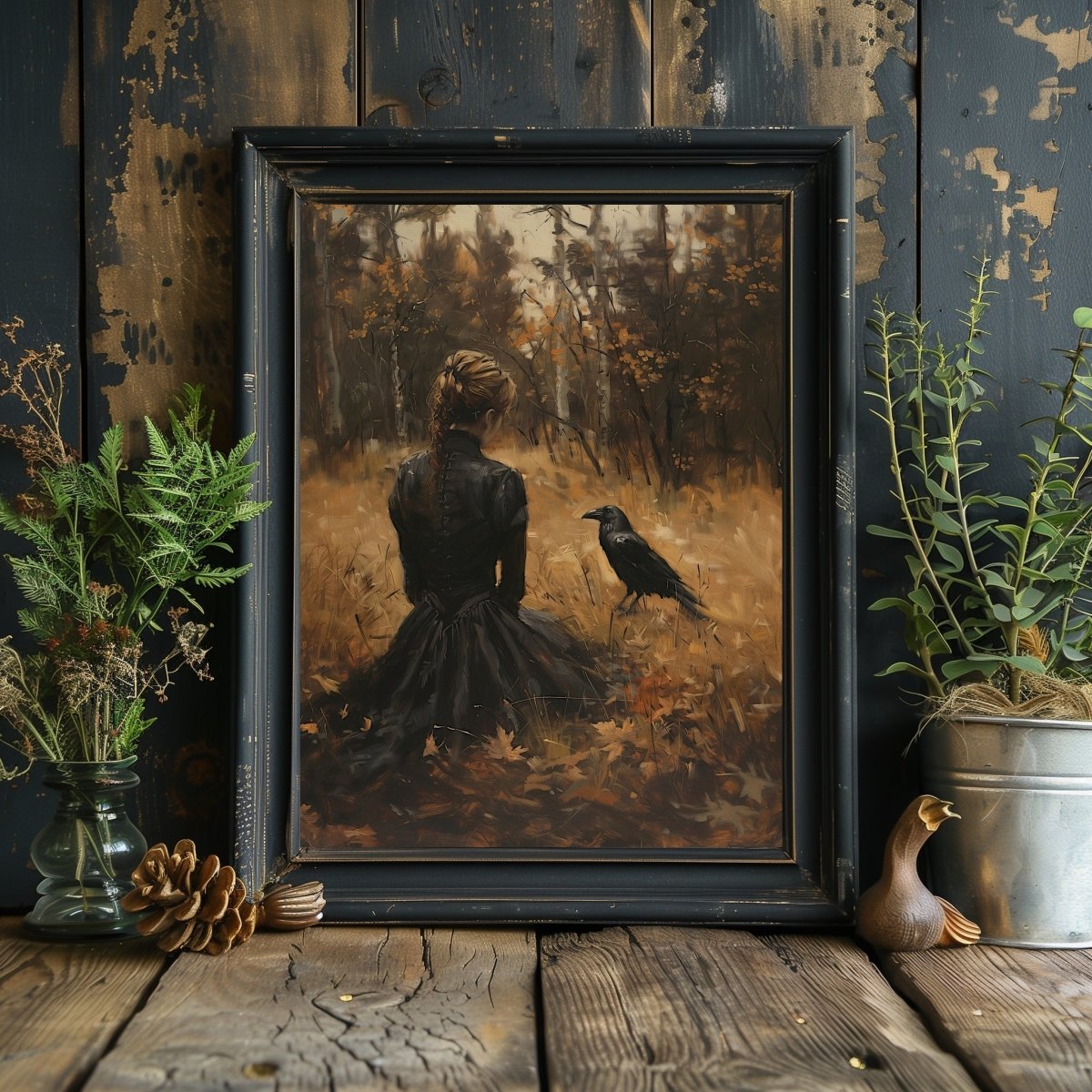 Woman and Raven Wall Art Print – Gothic Dark Academia in a Golden Autumn Field - Everything Pixel