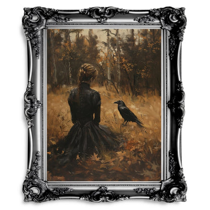 Woman and Raven Wall Art Print – Gothic Dark Academia in a Golden Autumn Field - Everything Pixel