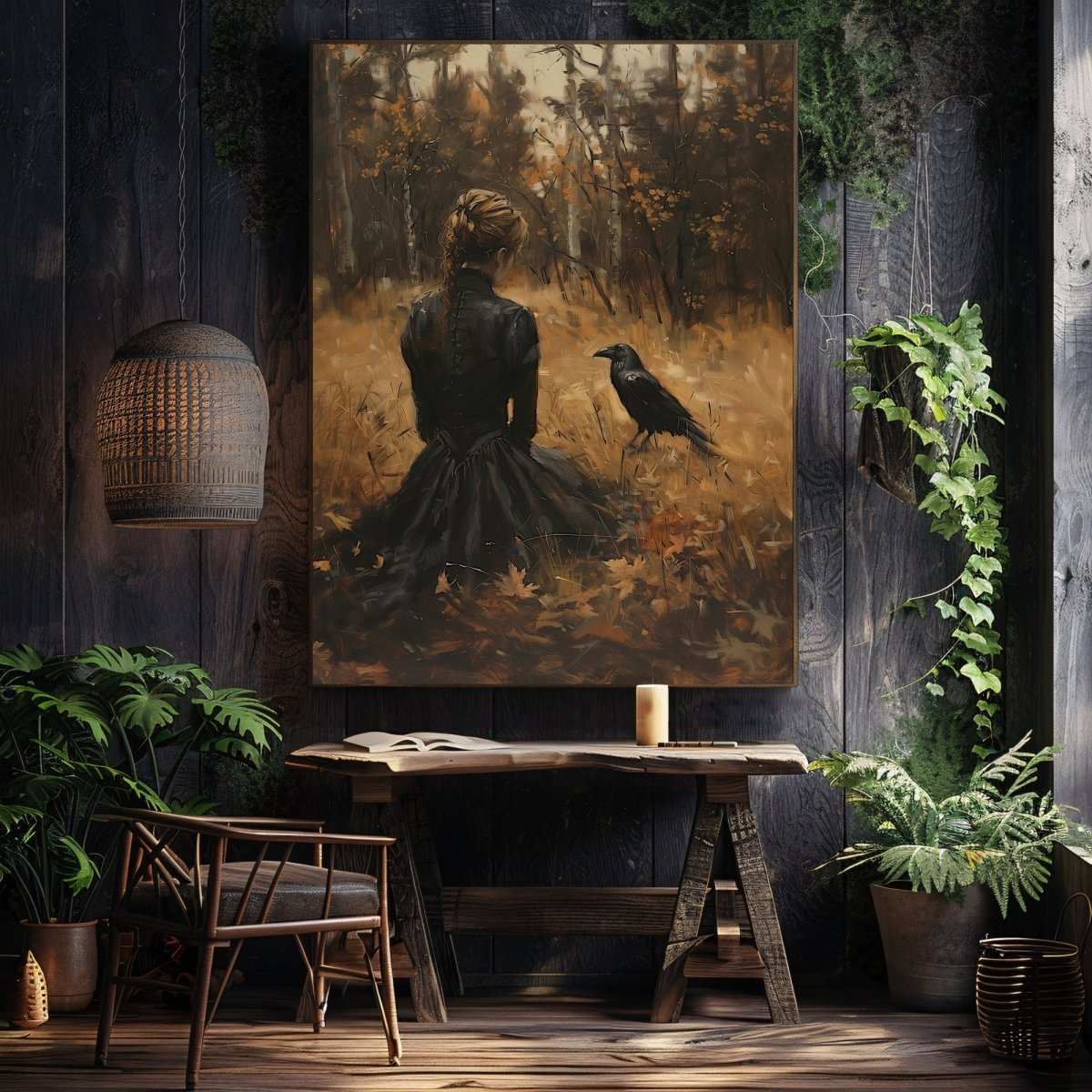 Woman and Raven Wall Art Print – Gothic Dark Academia in a Golden Autumn Field - Everything Pixel