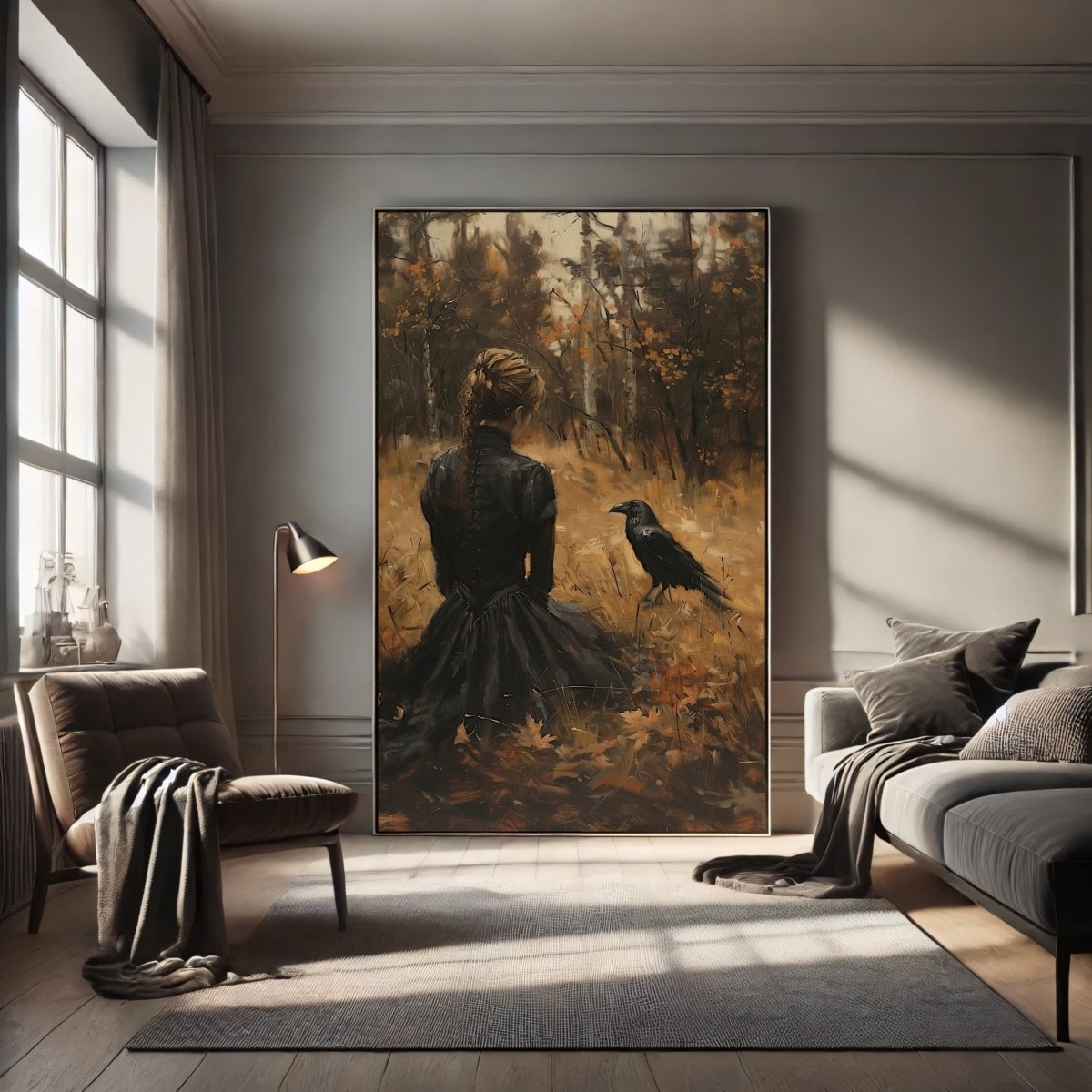 Woman and Raven Wall Art Print – Gothic Dark Academia in a Golden Autumn Field - Everything Pixel