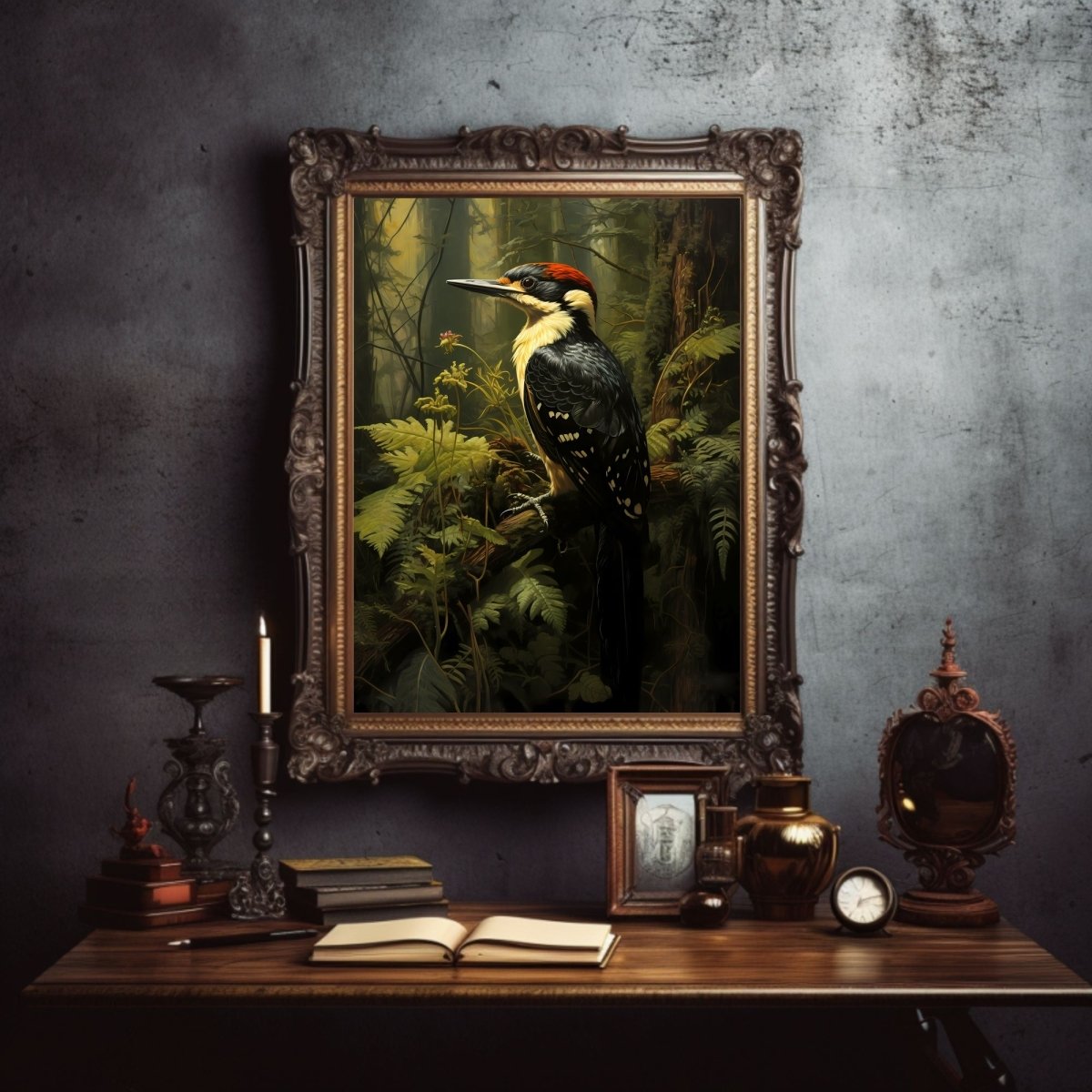 Woodpecker in Moody Forest Wall Art Dark Cottagecore Vintage Dark Academia Print Woodland Animal Art Wildlife Painting Gothic Paper Poster Print - Everything Pixel