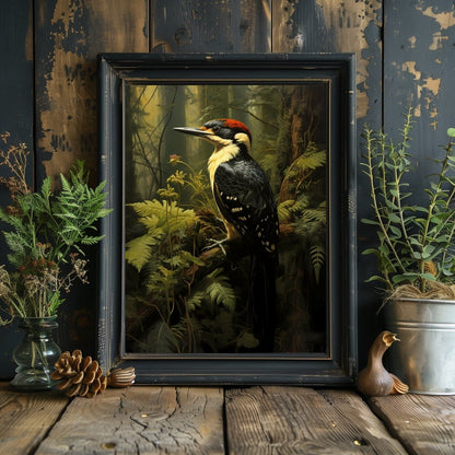 Woodpecker in Moody Forest Wall Art Dark Cottagecore Vintage Dark Academia Print Woodland Animal Art Wildlife Painting Gothic Paper Poster Print - Everything Pixel