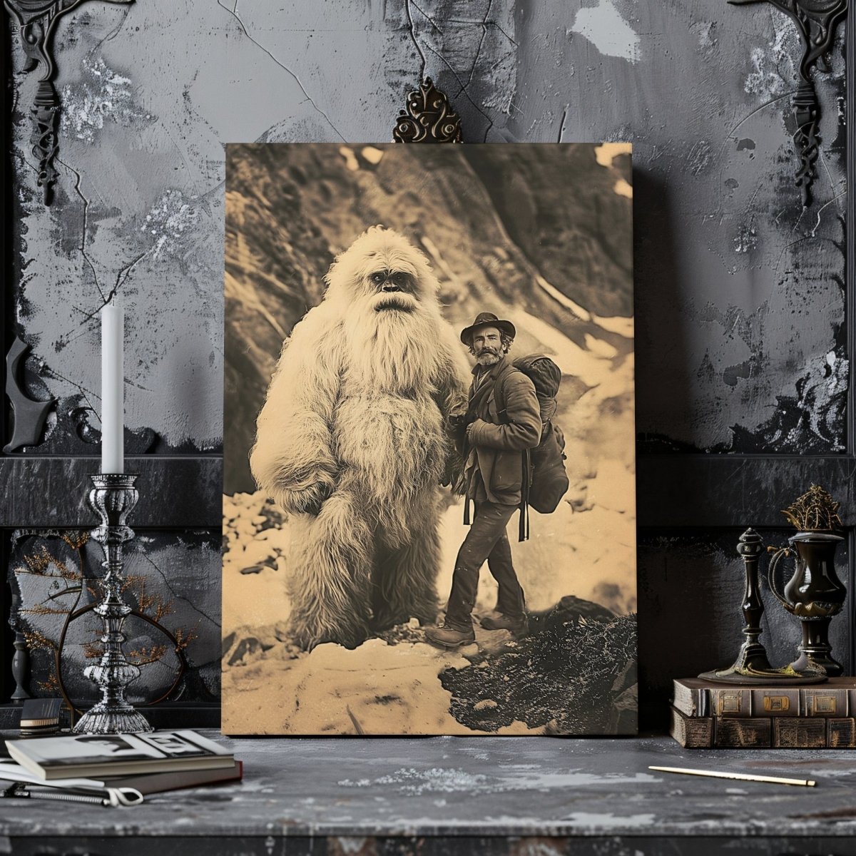 Yeti Adventure Canvas Print – Vintage Cryptid Art in Snowy Mountain Scene - Everything Pixel