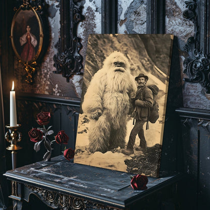 Yeti Adventure Canvas Print – Vintage Cryptid Art in Snowy Mountain Scene - Everything Pixel