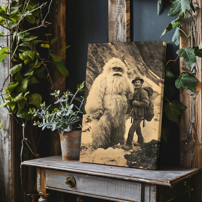 Yeti Adventure Canvas Print – Vintage Cryptid Art in Snowy Mountain Scene - Everything Pixel