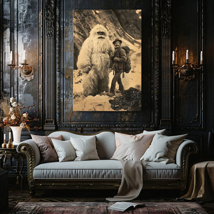 Yeti Adventure Canvas Print – Vintage Cryptid Art in Snowy Mountain Scene - Everything Pixel