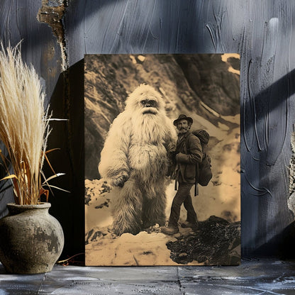 Yeti Adventure Canvas Print – Vintage Cryptid Art in Snowy Mountain Scene - Everything Pixel