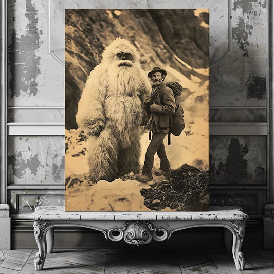 Yeti Adventure Canvas Print – Vintage Cryptid Art in Snowy Mountain Scene - Everything Pixel