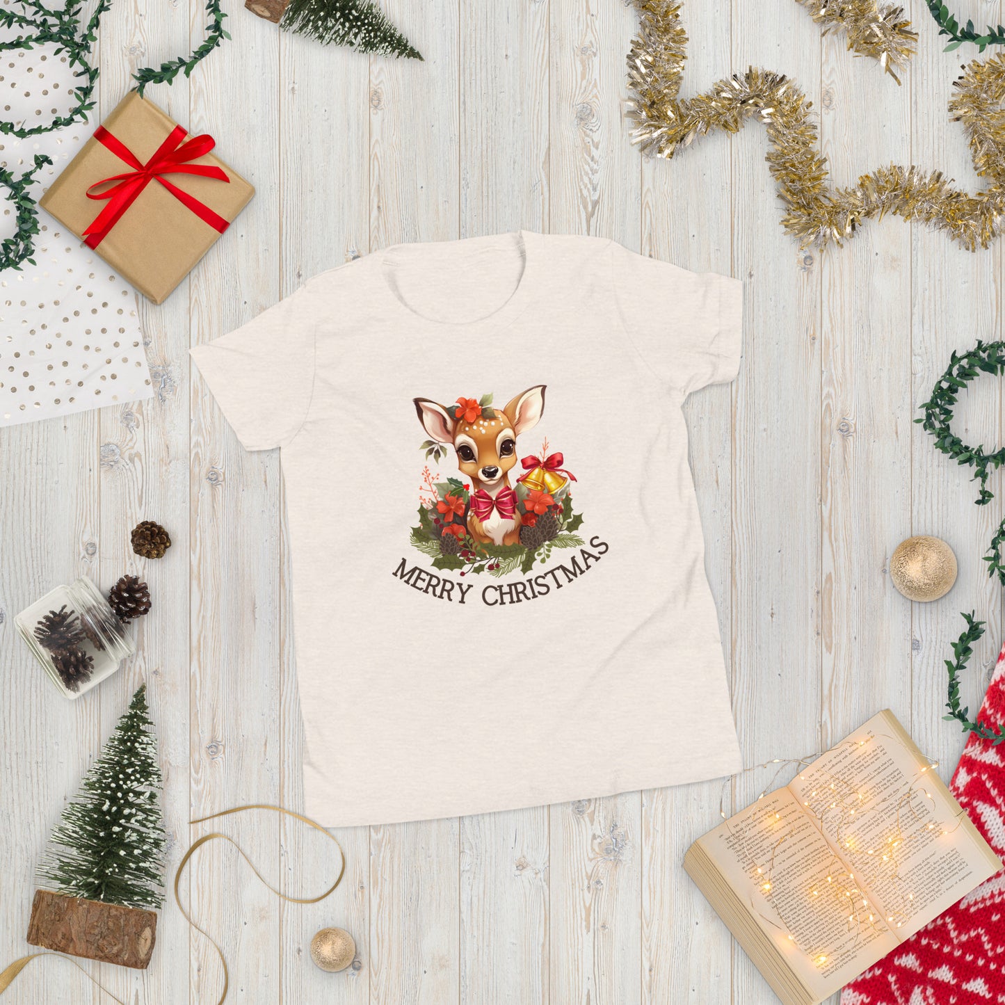 Weihnachts-Hirsch-T-Shirt – hochwertiges festliches Familien-Teenager-T-Shirt, Geschenk für Hirschliebhaber, süßes Weihnachtsshirt, Jugend-Weihnachts-T-Shirt